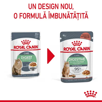 Royal Canin Digest Sensitive și Digestive, plicuri 85g pentru pisici. Text: Un design nou, o formulă îmbunătățită. Pe ambalaj: peste 95% calitate sănătoasă a scaunului în 10 zile.