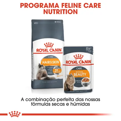 Royal Canin Hair & Skin Care ração seca e Intense Beauty saqueta húmida para gatos. Texto: Programa Feline Care Nutrition. A combinação perfeita das nossas fórmulas secas e húmidas.