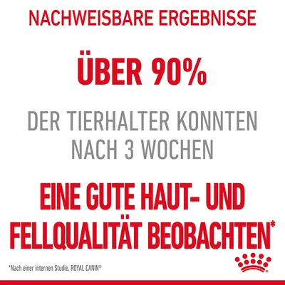 Nachweisbare Ergebnisse: Über 90% der Tierhalter konnten nach 3 Wochen eine gute Haut- und Fellqualität beobachten. Nach einer internen Studie, Royal Canin.