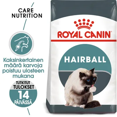 Royal Canin HAIRBALL kissanruoka, teksti: Kaksinkertainen määrä karvoja poistuu ulosteen mukana. Tutkitut tulokset 14 päivässä. Care Nutrition. Kuvassa pitkäkarvainen kissa.