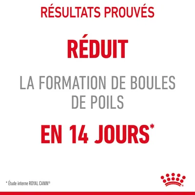 Résultats prouvés : réduit la formation de boules de poils en 14 jours. *Étude interne ROYAL CANIN.