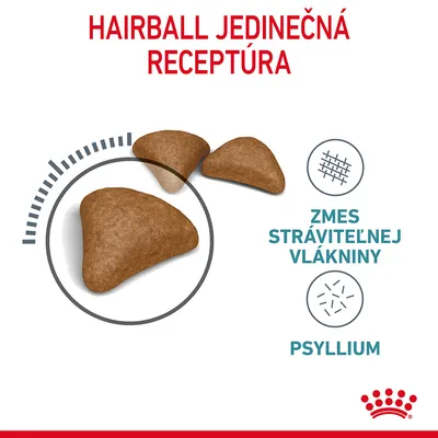 Hairball jedinečná receptúra, zmes stráviteľnej vlákniny, psyllium. Tri granule krmiva v detailnom zobrazení.