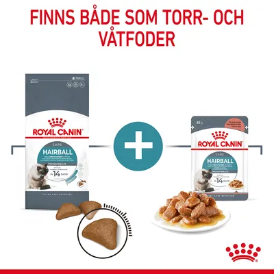 Royal Canin Hairball torrfoderpåse och våtfoderpåse, båda med kattbild. Text: Finns både som torr- och våtfoder. Torrfoderbitar och våtfoder på tallrik synliga.