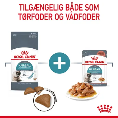 Royal Canin Hairball Care kattefoder, synlige poser med tørfoder og vådfoder. Tekst: Tilgængelig både som tørfoder og vådfoder. Billede af foderpiller og vådfoder på tallerken.