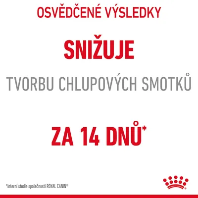 Osvědčené výsledky: snižuje tvorbu chlupových smotků za 14 dnů. Interní studie společnosti ROYAL CANIN.