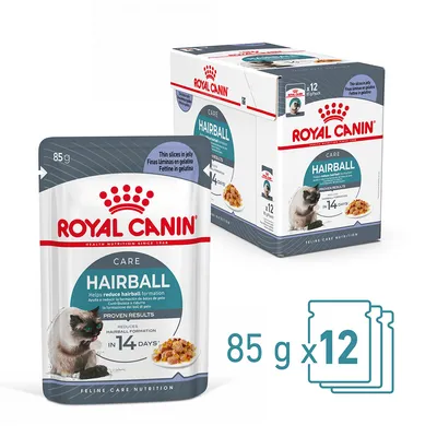 Royal Canin Hairball Care kapsičky pro kočky, balení 12×85 g. Na obalu text: Helps reduce hairball formation, reduces hairball formation in 14 days.