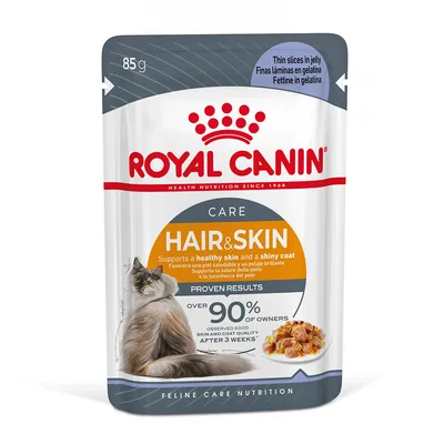 Royal Canin Hair & Skin Care 85 g, fettine in gelatina. Favorisce la salute della pelle e la lucentezza del pelo. Oltre il 90% dei proprietari ha osservato miglioramenti dopo 3 settimane.