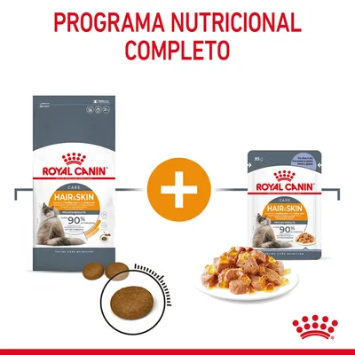 Royal Canin Hair & Skin para gatos: saco de pienso y sobre de comida húmeda, croquetas y trozos en salsa. Texto: Programa nutricional completo, 90 % resultados probados tras 3 semanas.