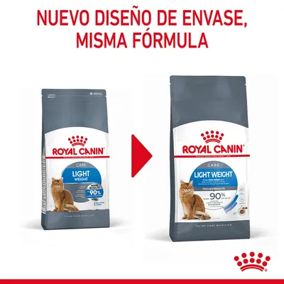 Nuevo diseño de envase, misma fórmula. Dos sacos de Royal Canin Light Weight Care para gatos, antes y después del cambio de embalaje, con texto destacado sobre resultados probados 90 %.