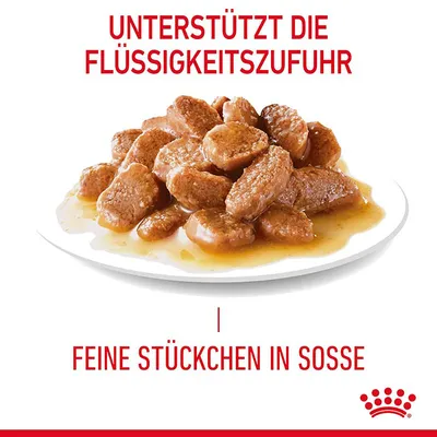 Unterstützt die Flüssigkeitszufuhr. Feine Stückchen in Sosse.
