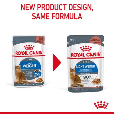 Image shows new packaging design for Royal Canin Light Weight 85g cat food pouch, with text stating 'New product design, same formula'.