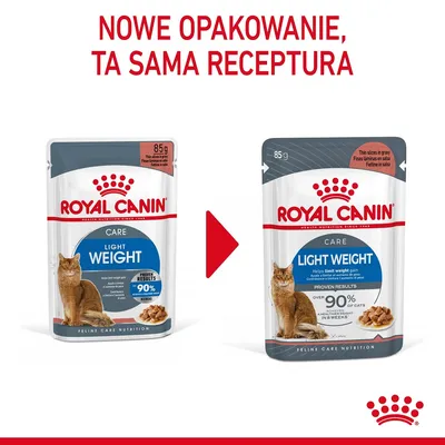 Royal Canin Light Weight Care dla kotów, nowe opakowanie 85 g, ta sama receptura. Widoczne dwa warianty saszetki z kotem i kawałkami w sosie.