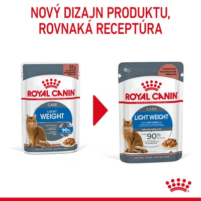 Nový dizajn obalu Royal Canin Light Weight Care 85 g, rovnaká receptúra. Na obrázku starý a nový obal s mačkou a modrým označením produktu.