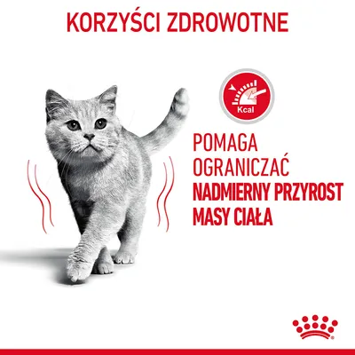 Korzyści zdrowotne. Pomaga ograniczać nadmierny przyrost masy ciała. Ikona kalorii z napisem Kcal. Royal Canin.