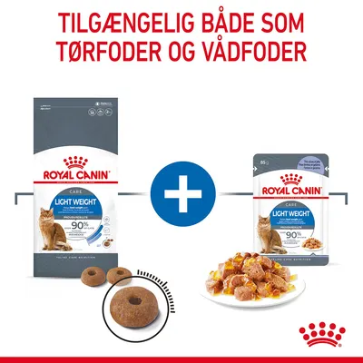 ROYAL CANIN LIGHT WEIGHT CARE kattefoder, tilgængelig som tørfoder og vådfoder. Billede viser både tørfoderpiller og vådfoderstykker samt teksten: TILGÆNGELIG BÅDE SOM TØRFODER OG VÅDFODER.