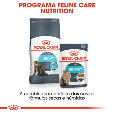 Royal Canin Care Urinary para gatos, embalagem de ração seca e saqueta húmida. Texto: Programa Feline Care Nutrition. A combinação perfeita das nossas fórmulas secas e húmidas.