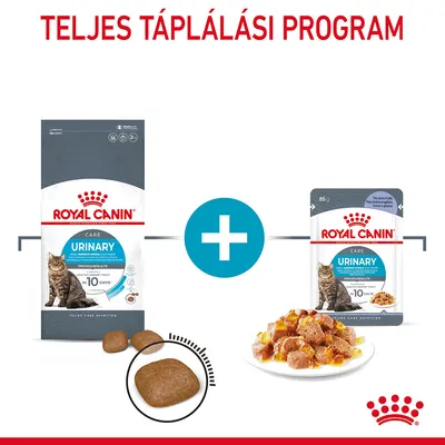 Royal Canin Urinary Care száraz és nedves macskaeledel csomagolás, tálban eledel, felül: TELJES TÁPLÁLÁSI PROGRAM felirat