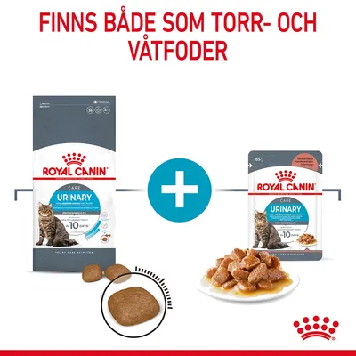 Royal Canin Urinary Care för katter, finns som torrfoder och våtfoder. Bild på båda förpackningarna samt foderbitar och våtfoder i sås. Text: FINNS BÅDE SOM TORR- OCH VÅTFODER.