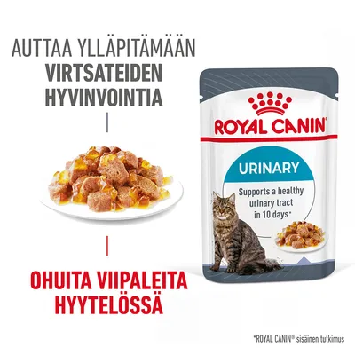 ROYAL CANIN URINARY kissan märkäruoka, ohuita viipaleita hyytelössä. Teksti: auttaa ylläpitämään virtsateiden hyvinvointia. Pakkauksen vieressä kissa ja annosruoka lautasella.