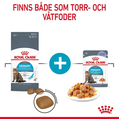 Royal Canin Urinary Care kattfoder visas som både torrfoder och våtfoder. Text: Finns både som torr- och våtfoder. Förpackningar och portionsbilder synliga.