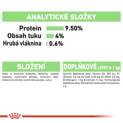 Analytické složky: protein 9,5 %, obsah tuku 4 %, hrubá vláknina 0,6 %. Složení: maso a živočišné produkty, obiloviny, minerální látky. Doplňkové látky: vitamín D3, železo, jód, měď, mangan, zinek.