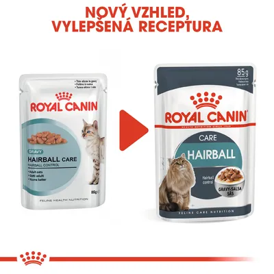 ROYAL CANIN HAIRBALL CARE 85 g – porovnání starého a nového obalu, text: Nový vzhled, vylepšená receptura. Oba obaly zobrazují kočku a kapsičku s krmivem.