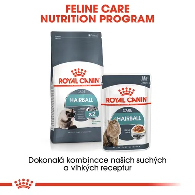 ROYAL CANIN CARE HAIRBALL suché a vlhké krmivo pro kočky, balení 85 g. Text: Dokonalá kombinace našich suchých a vlhkých receptur.