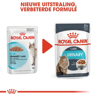 Royal Canin Urinary Care kattenvoer 85g: oude en nieuwe verpakking naast elkaar. Tekst bovenaan: 'Nieuwe uitstraling, verbeterde formule'. Beide verpakkingen tonen kat en productnaam.