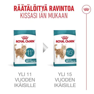 Royal Canin Senior-kissat yli 11 vuotta ja yli 15 vuotta. Kaksi ruokasäkkiä, joissa on teksti 'Senior Cats over 11 years old' ja 'Senior Cats over 15 years old'.