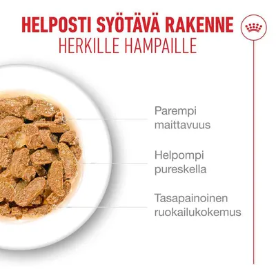 Grafiikka, jossa on ruokakuppi ja teksti: 'HELPOMMIN SYÖTÄVÄ RAKENNE, HERKILLE HAMPAILLE', vieressä maininnat paremmasta maittavuudesta, helpommasta pureskelusta ja tasapainoisesta ruokailukokemuksesta. Grafiikka, jossa on ruokakuppi ja teksti: 'HELPOMMIN SYÖTÄVÄ RAKENNE, HERKILLE HAMPAILLE', vieressä maininnat paremmasta maittavuudesta, helpommasta pureskelusta ja tasapainoisesta ruokailukokemuksesta.