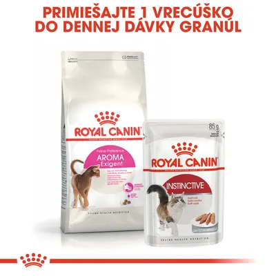 ROYAL CANIN Feline Preference AROMA Exigent granuly a ROYAL CANIN INSTINCTIVE kapsička 85 g. Text: Primiešajte 1 vrecúško do dennej dávky granúl.