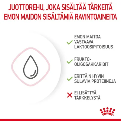 Juottorehu, joka sisältää tärkeitä emon maidon ravintoaineita: laktoosipitoisuus, frukto-oligosakkaridit, hyvin sulavia proteiineja, ei lisättyä tärkkelystä.