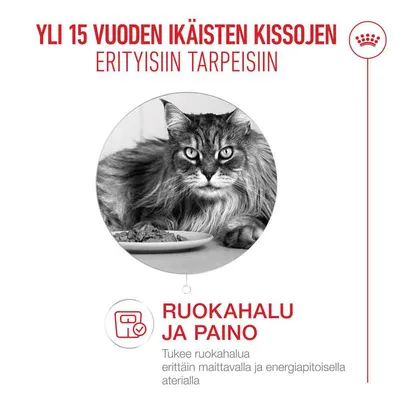 Kuva kissasta ruoan kanssa. Teksti: Yli 15-vuotiaat kissat, ruokahalu ja paino. Tukee ruokahalua maukkaalla ja energiapitoisella aterialla. Kuva kissasta ruoan kanssa. Teksti: Yli 15-vuotiaat kissat, ruokahalu ja paino. Tukee ruokahalua maukkaalla ja energiapitoisella aterialla.