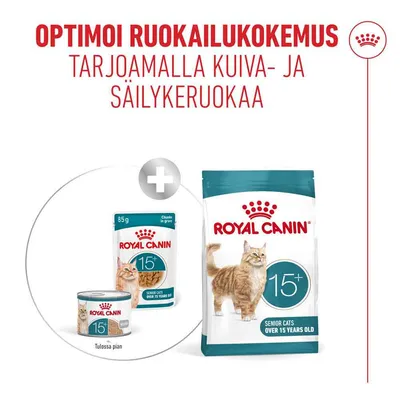 Royal Canin 15+ Senior-kissat Kuiva- ja märkäruoka yli 15-vuotiaille. Ihanteellinen ruokinta yhdistämällä kuivaruokaa ja märkäruokaa. Royal Canin 15+ Senior-kissat Kuiva- ja märkäruoka yli 15-vuotiaille. Ihanteellinen ruokinta yhdistämällä kuivaruokaa ja märkäruokaa.