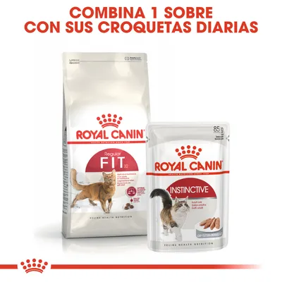 ROYAL CANIN Regular Fit 32 y ROYAL CANIN Instinctive para gatos. Texto: Combina 1 sobre con sus croquetas diarias. Sobre de 85 g visible.