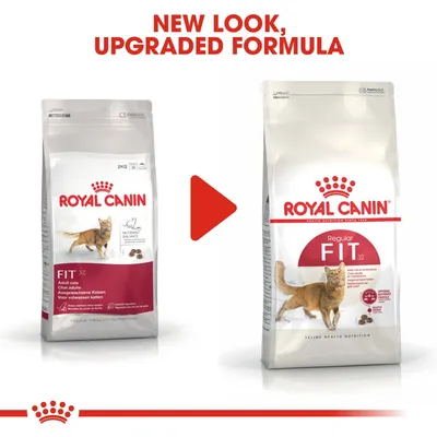Royal Canin FIT 32 cat food packaging change: old and new bags shown side by side with red arrow, text above reads 'NEW LOOK, UPGRADED FORMULA'