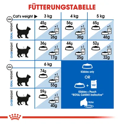 Tableau d’alimentation pour chats Royal Canin : quantités de croquettes et sachets selon poids (3–6 kg) et statut (poids idéal/surpoids), instructions en anglais/allemand visibles.