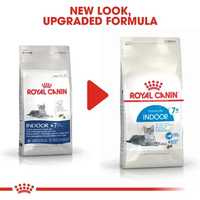 Royal Canin Indoor 7+ cat food packaging change, old and new bags side by side with red arrow. Text: New look, upgraded formula. Both bags show a grey tabby cat and product details.