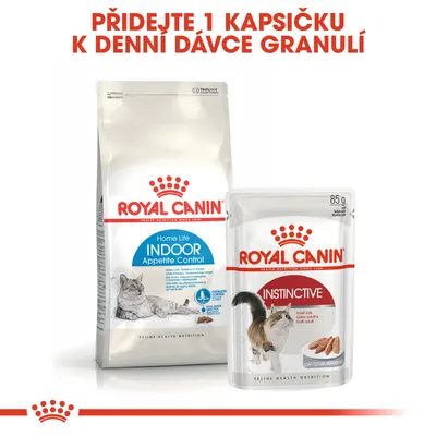 ROYAL CANIN Home Life Indoor Appetite Control granule a ROYAL CANIN Instinctive kapsička 85 g. Text: Přidejte 1 kapsičku k denní dávce granulí.