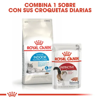 ROYAL CANIN Home Life Indoor Appetite Control y ROYAL CANIN Instinctive 85 g para gatos. Texto: Combina 1 sobre con sus croquetas diarias.