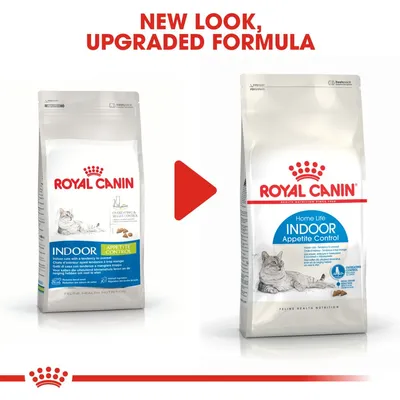Royal Canin Indoor Appetite Control cat food, old and new packaging side by side. Text above: New look, upgraded formula. Visible text: Home Life, Overeating Control, Feline Health Nutrition.