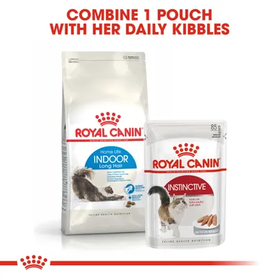 Instructional image showing Royal Canin Indoor Long Hair dry food and Instinctive wet pouch with text: Combine 1 pouch with her daily kibbles.