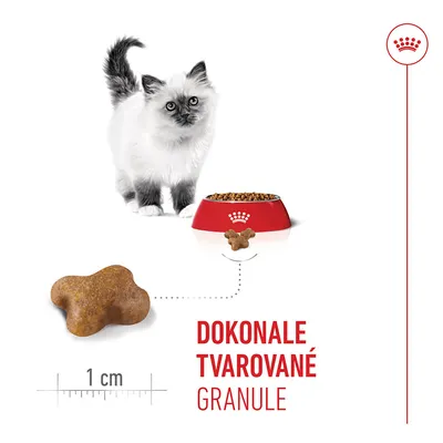 Krmivo pro kočky ve tvaru misek, velikost granulí cca 1 cm. Text: DOKONALE TVAROVANÉ GRANULE.