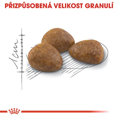 Přizpůsobená velikost granulí, tři granule s měřítkem 1 cm znázorňujícím jejich rozměr.
