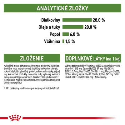 Analytické zložky: bielkoviny 28 %, oleje a tuky 20 %, popol 6 %, vláknina 1,5 %. Zloženie: kukuričná múka, hydinové bielkoviny, jačmeň, rybí olej. Doplnkové látky: vitamíny, minerály.