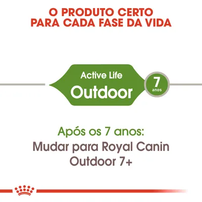 O produto certo para cada fase da vida. Active Life Outdoor 7 anos. Após os 7 anos: Mudar para Royal Canin Outdoor 7+. O produto certo para cada fase da vida. Active Life Outdoor 7 anos. Após os 7 anos: Mudar para Royal Canin Outdoor 7+.