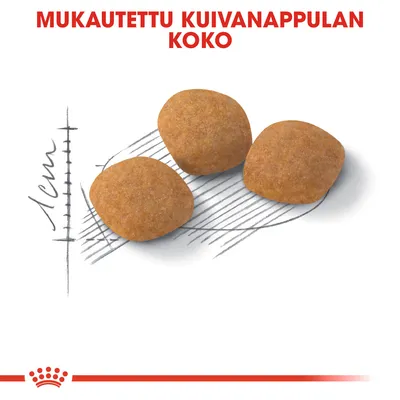 Kolme mukautettua kuivaruokanappulaa, joiden koko noin 1 cm. Yläreunassa teksti: MUKAUTETTU KUIVANAPPULAN KOKO.