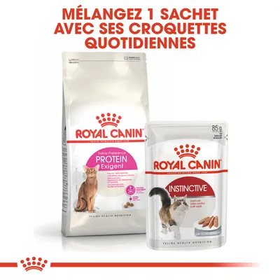 Royal Canin Protein Exigent croquettes pour chat et sachet Instinctive 85 g. Texte visible : Mélangez 1 sachet avec ses croquettes quotidiennes.