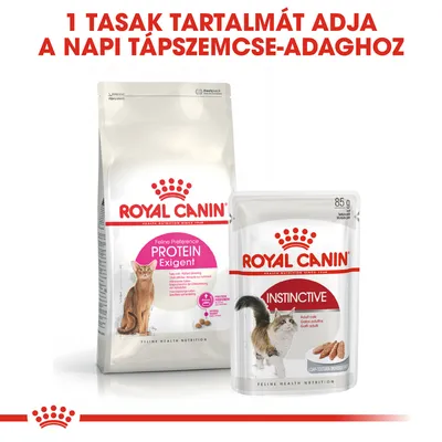1 tasak tartalmát adja a napi tápszemcse-adaghoz. Royal Canin Feline Preference Protein Exigent száraztáp és Royal Canin Instinctive 85 g nedves eledel macskáknak csomagolásban.