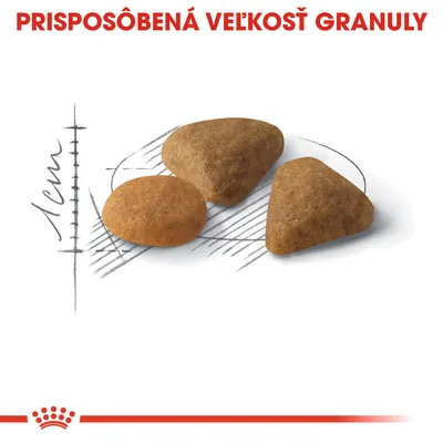 Tri granuly s nápisom „Prispôsobená veľkosť granuly“ a mierkou 1 cm, znázorňujúce tvar a rozmery krmiva.